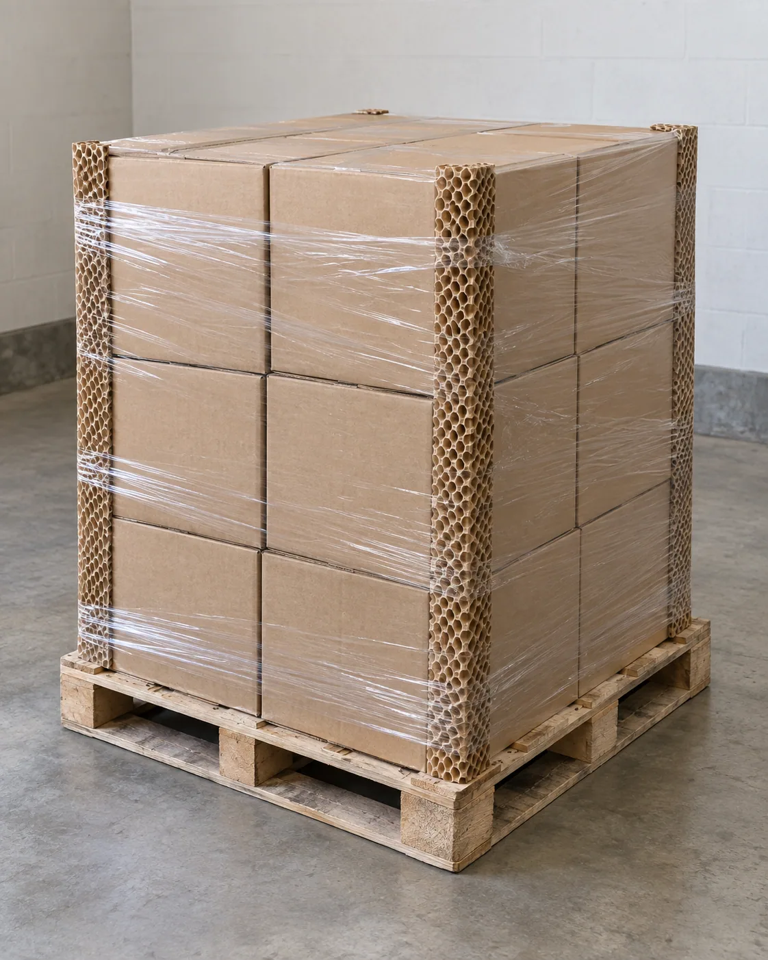 Illustrative pallet of blank cartons with paper corner protection and clear wrap.